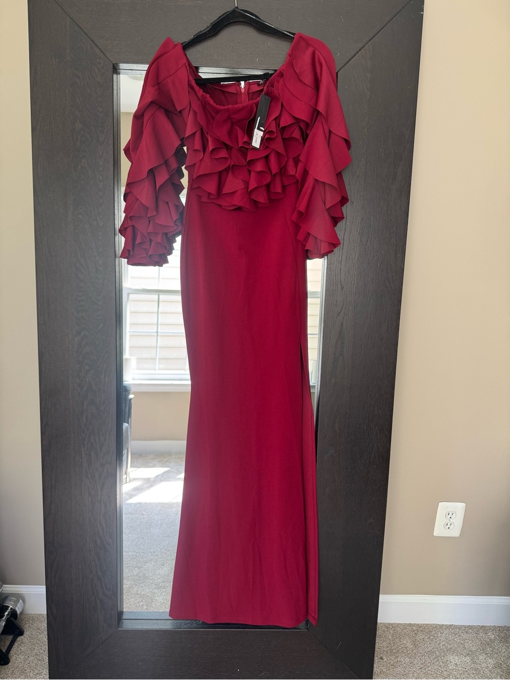 Symphony Wine Red Strapless Ruffle Maxi Dress